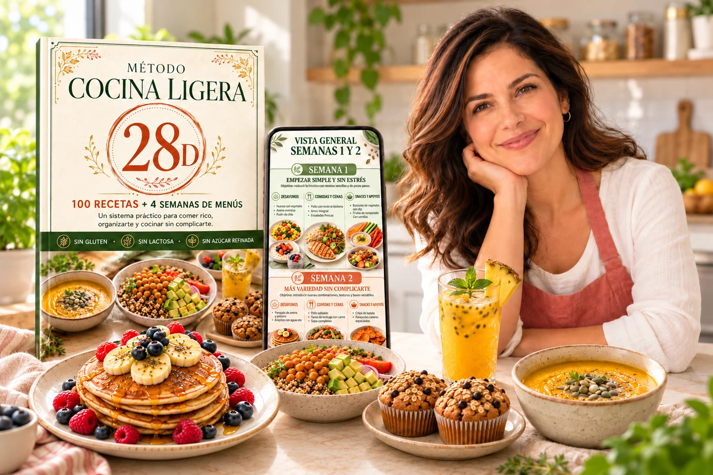 Ana en la cocina con el ebook, un celular, pancakes, bowl, crema, muffins y bebida